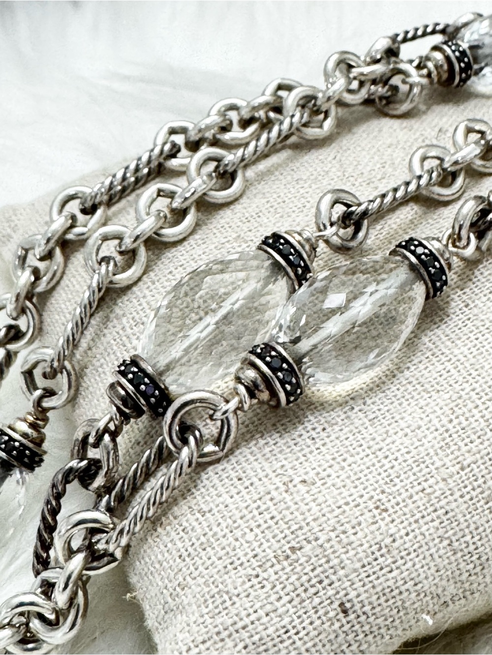 David Yurman .925 18K Clear Quartz Black Diamond Figaro Long Chain Necklace 34” - Picture 4 of 7